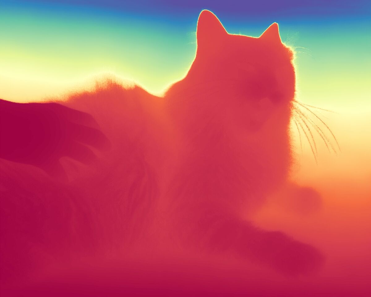 Marigold depth map of a cat and a hand; fine detail around whiskers and fur